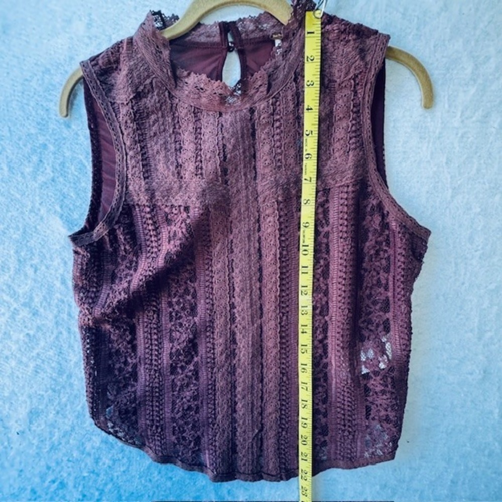 Free People Tea Party Top Burgundy Wine MED Womens Lace Sheer Peasant Boho NWT - Picture 7 of 8